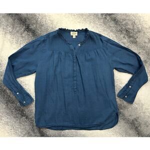 J. Crew Long Sleeve Cotton Ruffled Trim Smocked Neck Half Button Size 6 Small